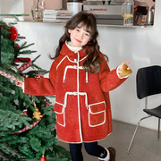 女童中长款外套冬装2024儿童冬季红色衣服小女孩加绒加厚大衣
