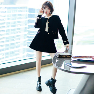 MIUCO法式复古小香风花边短外套+A字半裙高级丝绒套装