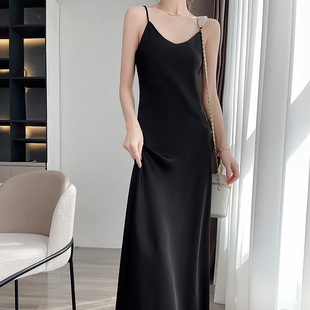 法式优雅名媛吊带连衣裙女夏季2023收腰显瘦高级感黑色长裙子
