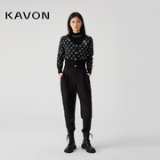 Kavon/卡汶黑色品牌IP绣花针织小香风蝙蝠廓形V领装饰钮长袖外套