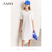 Amii2023夏圆领字母绣花短袖宽松连衣裙女小个子裙子T恤裙