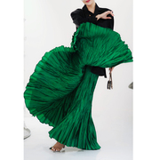 设计小众大摆飘逸裙子高腰显瘦百褶裙高级感气质复古风绿色半身裙
