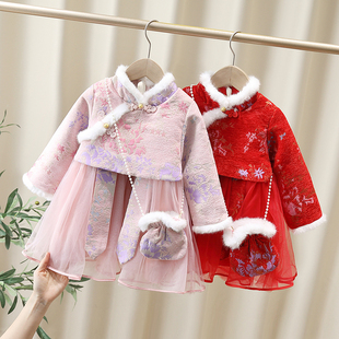 女童拜年服连衣裙冬款宝宝，加绒长袖礼服，裙小女孩红色公主裙中国