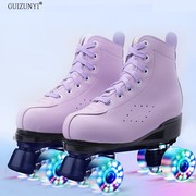 成人男女双排皮款绿色溜冰鞋四轮旱冰鞋粉紫蓝色闪光轮双排轮滑鞋