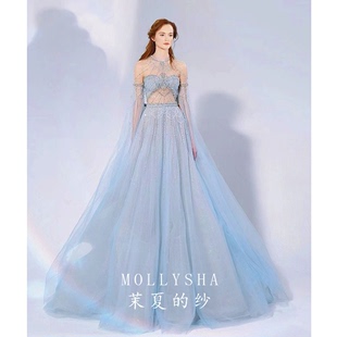 茉夏的纱2022高级定制礼服女重工，奢华满钻蓝色水晶婚纱礼服女