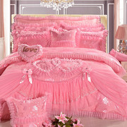 婚庆四件套纯棉刺绣贡缎蕾丝六八十件套结婚全棉大红粉色床上用品