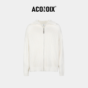 ACONOIX周翊然同款白色拼接大翻领拉链针织宽松毛衣外套开衫男女