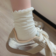 白色复古褶皱袜子女中筒袜纯棉夏季薄款jk少女可爱松口月子堆堆袜