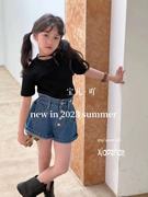 波拉韩国童装夏季儿童女童，休闲薄款洋气可亲子，四粒扣高腰牛仔短裤