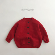 肤感暖和~型赞~新年韩版冬款儿童毛衣男女潮宝洋气针织开衫森系红