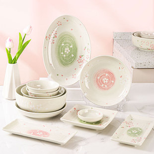 日式樱花餐具套装陶瓷碗碟家用米饭碗釉下彩菜盘可爱汤碗组合送礼