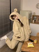韩国ins冬季毛茸茸日系小熊，加厚连帽珊瑚绒，睡衣外穿家居服套装女