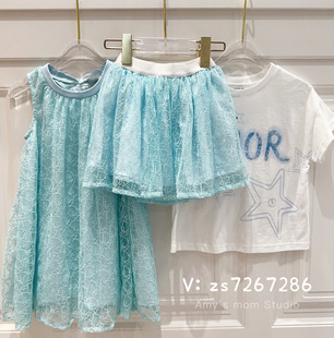 24夏季djia蓝绿色连衣裙，纱裙半裙字母星星短袖，女童名媛风