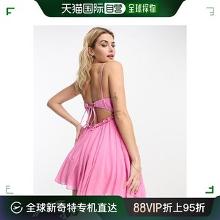 香港直邮潮奢 ASOS 女士设计娃娃装褶皱胸部迷你粉色连衣裙