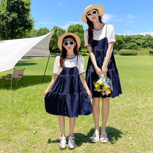 高端亲子装2023夏季母女装雪纺，连衣裙假两件洋气韩版夏装裙子