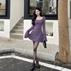 girlsat18紫色性感蕾丝针织连衣裙，女秋冬显瘦包臀，吊带短裙两件套