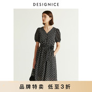 商场同款迪赛尼斯黑白波点系带韩版泡泡袖轻熟风气质连衣裙
