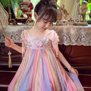女童雪纺连衣裙夏季洋气儿童中国风改良汉服，小女孩彩虹公主裙
