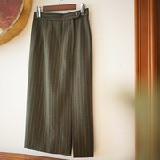兰奕屋语原创设计绿色条纹羊毛，复古包裙秋季开叉半身裙通勤高腰
