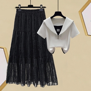 减龄时尚两件套夏季韩版宽松拼接假两件短袖T恤女+拼接网纱半身裙