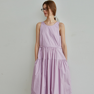 roheme设计感无袖背心连衣裙女夏季纯棉圆领白色粉紫色长款蛋糕裙