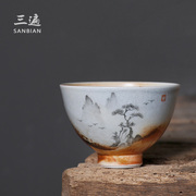 中国风手绘山水茶杯复古陶瓷窑变品茗杯主人杯个人单杯功夫茶杯