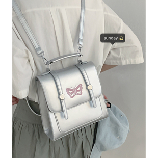 小众银色蝴蝶双肩包包女式2024潮时尚学生，背包百搭手提旅行包