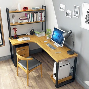 铁艺实木L型拐角台式电脑桌家用转角书桌书柜组合电竞桌设