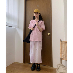 秒发!春日减龄韩国休闲圆领，草莓印花短袖t恤+高腰直筒条纹半身裙
