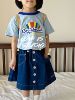 法国贵牌原厂夏日风23年童装女童时髦清新海洋蓝纯棉短袖T恤