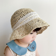 女童防晒帽子夏季洋气手工，编织婴儿太阳，草帽女宝宝出游大檐遮阳帽