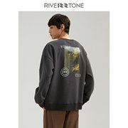 riverstone流石男装秋装，白色长袖套头卫衣春秋，时尚印花上衣潮