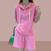 粉色连帽休闲运动套装女2024夏季时尚洋气减龄卫衣短裤两件套