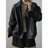 MMCC2023版房自制黑色时尚翻领单排扣宽松休闲长袖皮衣外套夹克女