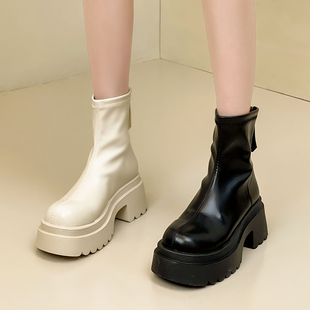 时尚部落厚底弹力白色韩系小短靴子女2023年秋冬季瘦瘦短筒靴