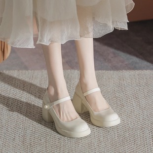 白色粗跟法式玛丽珍女鞋子，高跟2024春夏，小皮鞋仙女单鞋配裙子