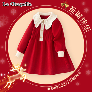 拉夏贝尔女童红色连衣裙，大童冬季礼服裙子，儿童圣诞节服装公主冬裙