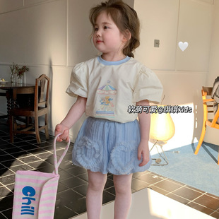 韩系女童2024夏季白色纯棉卡通短袖t恤儿童蓝色高腰花苞短裤洋气