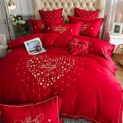 高档高档全棉喜庆结婚床上用品四件套新婚纯棉床单大红色婚床