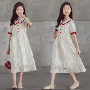 女童娃娃领连衣裙中大童，夏装2023法式礼服公主，裙洋气韩版蕾丝裙子