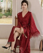 晨袍女新娘高级感睡衣，结婚法式礼服新中式春秋，婚礼丝绸红色长款睡