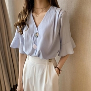 夏季女装韩版批发气质时尚宽松衬衣洋气套头喇叭袖V领衬衫潮