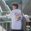 B2024夏季男士短袖T恤韩版圆领半袖落肩印花体恤衫港味时尚五分袖