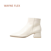 wayneflex切尔西短靴真皮筒靴方头，5cm粗跟百搭简约舒适女靴