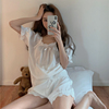 韩国夏季ins简约纯色娃娃领宽松舒适丝质短袖+短裤睡衣家居套装女