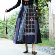 中国风复古少数民族长裙 印花布拼接 个性时尚 松紧腰半身裙