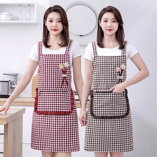 韩版女士时尚加厚棉布围裙，家用厨房做饭上班工作透气格子背带围腰