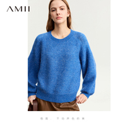 Amii2023秋温暖舒适含羊驼毛圆领灯笼袖宽松毛衣女混色上衣