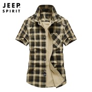 jeep吉普男装格子衬衫男士，短袖夏季薄款宽松寸衫大码纯棉休闲衬衣