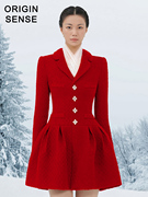 大红色长袖西装小外套蓬蓬，超短粗纺连衣裙，红色回门小礼服外套裙